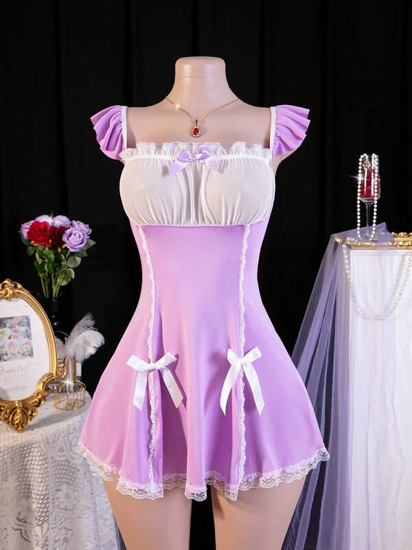 Women's Ruffle Trim Bow Decor Lace Patchwork Sexy Waist Fitted Date Night Mini Dress With Flare Sleeves