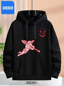 Red Angel With Guitar Graphic Print Hoodie Casual Unisex Sweatshirt Men And Women Soft Breathable Fleece Lined Hoodie Birthday Party Wear Comfortable Streetwear Style Design With Face Detail Everyday Wear And Special Occasions - Black - View 8