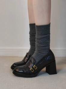 8cm Platform Chunky Heel Loafers | Retro Soft Leather High Heel Shoes, British Style Slip-On Leather Shoes - Black - View 5