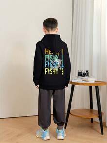1件装青少年男童休闲印花套头卫衣，保暖内衬，长袖，秋冬季，学生/青少年服装 - 黑色 - 查看 2
