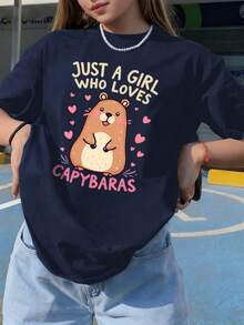 少女休闲粉色印花圆领短袖T恤，夏季上衣 - 藏蓝色 - 查看 8