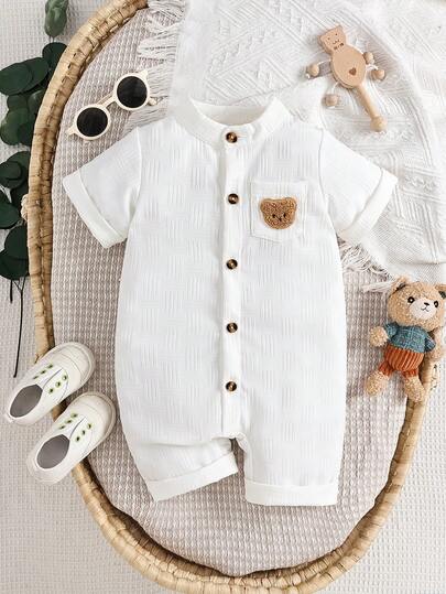 Bộ áo liền quần tay ngắn hình gấu trắng mùa hè cho bé, chất liệu mềm mại, trang phục ngoài trời cho bé trai và bé gái.