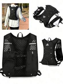 跑步背心、水袋背心、跑步背包、5升容量背包、前置智能手机口袋、男女通用跑步水袋背心、可调节肩带、登山杖固定器 - 黑色 - 查看 1