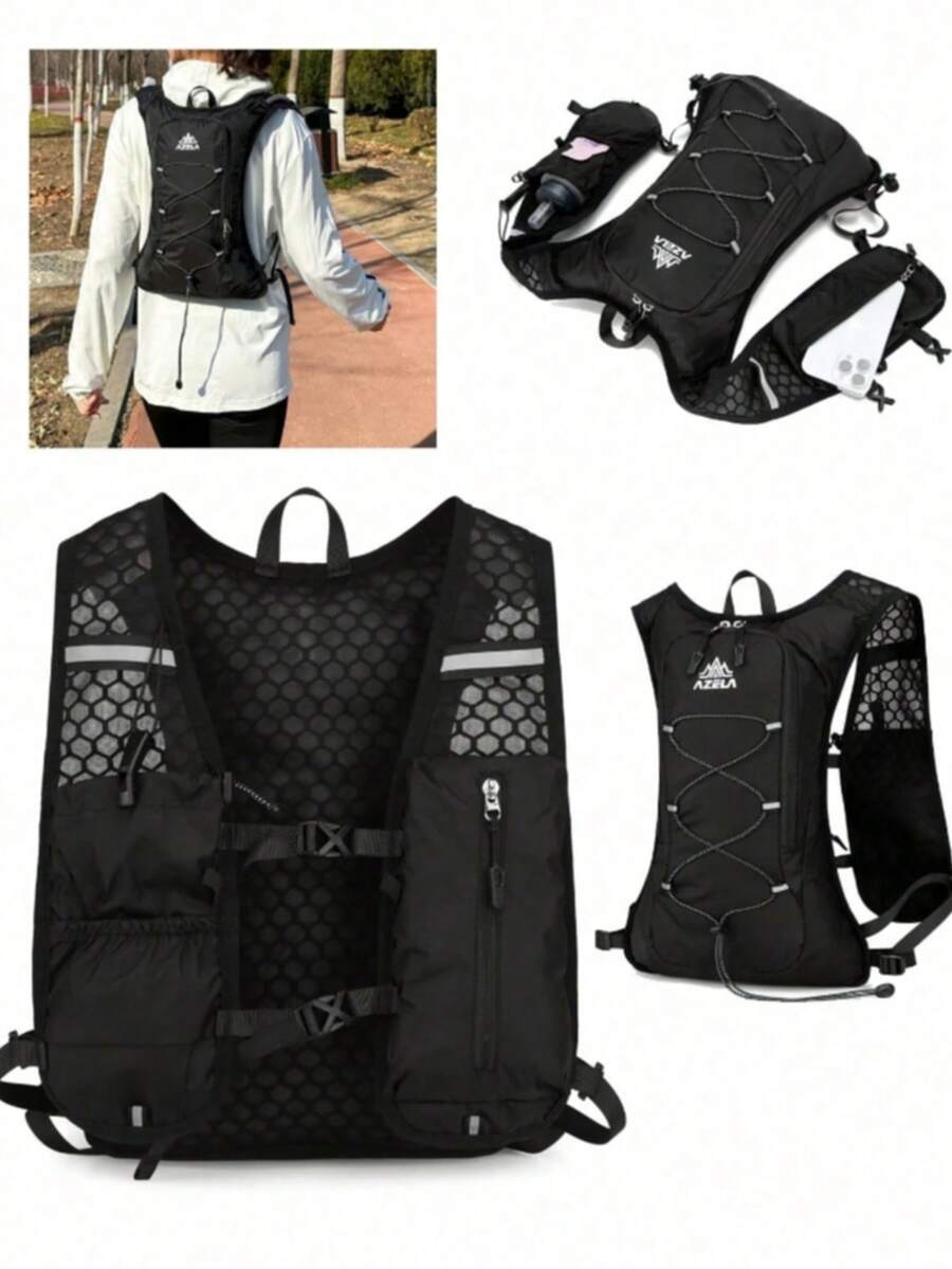 跑步背心、水袋背心、跑步背包、5升容量背包、前置智能手机口袋、男女通用跑步水袋背心、可调节肩带、登山杖固定器 - 黑色 - 查看 1