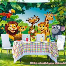 2D Flat, 1 Banner With A Background Of A Jungle Animal Party Featuring Lions, Tigers, Giraffes, Monkeys And Parrots. High-Definition Printed Jungle Scene With Green Leaves Polyester Fabric - 1pcs - View 7