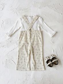 Baby Girl Cute Ditsy Floral Beige Bib Pants, Spring/Autumn (Shirt Not Included) - Beige - View 9