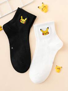 2 Pairs Women's Embroidered Pokemon Series Pikachu Pattern Funny Cartoon Ankle Socks, Unisex, Sporty Style, Suitable For All Seasons, European & American Sizes, Comfortable & Breathable, Durable, Vibrant Colors, Suitable For Daily Wear, Quality Fabric, Won't Cause Foot Discomfort. - Black and White - View 2