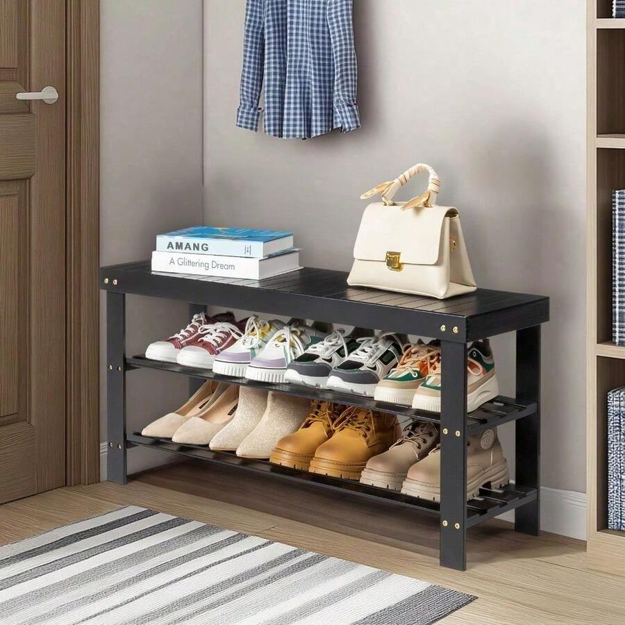 3-Tier Seamless Top Bamboo Shoe Rack - Sturdy Space-Saving Shoe Organizer For Entryway Hallway Closet Bedroom Use - Mặc định - Xem 1