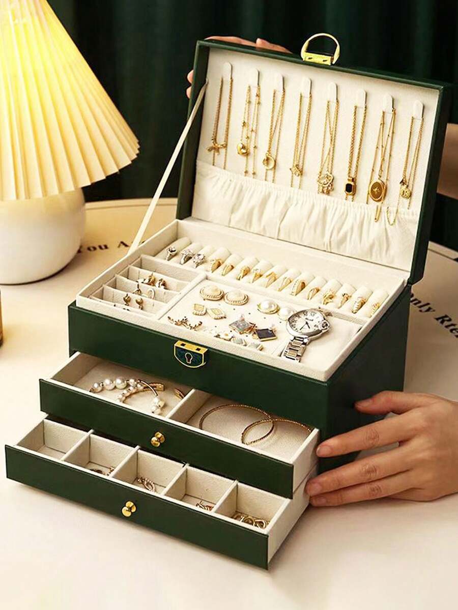 1pc Multi-Layer Rhombus PU Leather Jewelry Box, Luxury Large Capacity Jewelry Storage Box, Lockable Jewelry Box, Anti-Oxidation Jewelry Box, 2-Tier Display Rack, Jewelry Display Box, Large Capacity 3-Layer Jewelry Box, Multi-Function PU Leather Jewelry Box, Lockable Watch Box, Portable Jewelry Storage Box