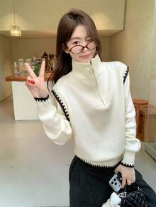 Korean Style Contrast Color Design Half Zip Casual Versatile Knit Sweater - Apricot - View 4