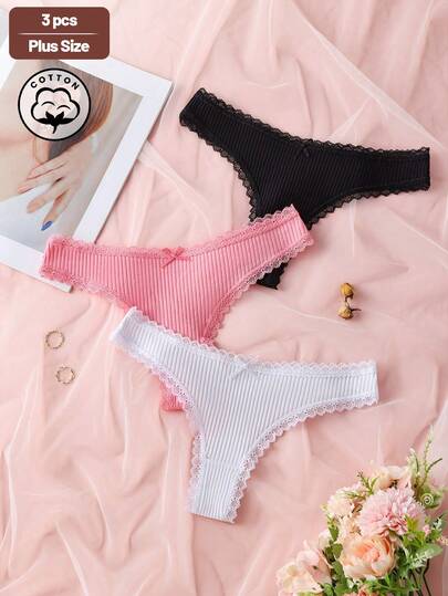 3pcs Plus Size Solid Color Romantic Lace Patchwork Women's Panties, Cute Bow Ribbed Thong, Cotton Stretch Breathable Lingerie