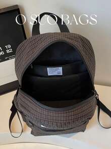 Large Capacity Fashionable Plaid Multi-Pocket Nylon Casual Backpack, Waterproof Lightweight Foldable Drawstring Patch Letter Travel Bag, Summer - Brown - View 6