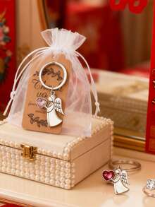 守护天使钥匙扣套装，包含钥匙扣、薄纱袋、感谢卡和天使心形吊坠，适合婴儿派对、婚礼、洗礼、情侣礼物、生日礼物、包装装饰、钥匙扣装饰、情人节礼物、婚礼回礼、婚礼装饰、情人节装饰、送给闺蜜的礼物。 - 彩色 - 查看 4