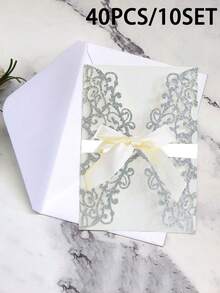 40 piezas/10 sets Invitaciones de boda con forma de rosa hueca dorada con brillo, con sobres y tarjetas de respuesta, adecuadas para bodas, despedidas de soltera, fiestas de compromiso, banquetes, tamaño de invitación 5*7 pulgadas, incluye cinta de satén anudada previamente - Multicolor - Ver 12