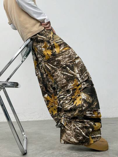 1pc Justice Brother Retro Multi-Pocket Personalized Print Men's Distressed Loose Wide-Leg Jeans (Belt And Accessories Not Included)