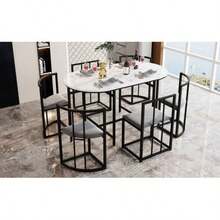 Six-Chair Dining Table Set: (White Table, Chairs With Backrests And Grey Cushions, Black Iron Frame), Dining Table And Chair Set, Modern Dining Table Combination (Previous Sku: 308399408AAS) - Black and White - View 2