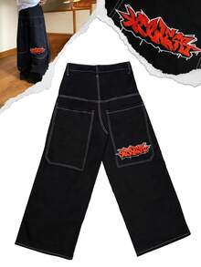 宽松牛仔裤，大口袋设计，阔腿宽松，街头风，Y2K嘻哈休闲时尚男士宽松牛仔裤，刺绣图案 - 黑色 - 查看 5