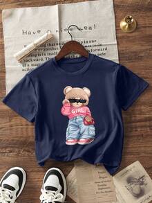 Tween Girls' Casual Pink Graphic Print Crew Neck Short Sleeve T-Shirt, Summer Top - Navy Blue - View 4