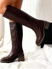 Brown Over-The-Knee Chunky Heel Boots, Black Classic Versatile Thigh High Boots, Women's Mid-Calf Equestrian Boots, Autumn/Winter New Arrivals,Party - 棕色 - 查看 7