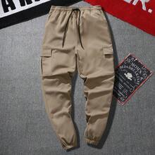 男士宽松工装裤，多口袋设计，脚踝系带款式，适合春秋季日常休闲穿着 - 卡其色 - 查看 2