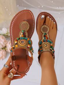 Women's Flat Sandals, Retro French Style Thick Bottom Sandals For Summer, Thong Sandals For Beach, Comfortable Soft Bottom Casual Sandals, High-End Strap Buckle Sandals, Fashionable Versatile Bohemian Flat Sandals, Brown Thong Sandals - Brown - View 7