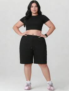 大码女式纯色休闲短裤，夏季运动裤，直筒裤型，5英寸内缝，弹性腰带配抽绳和拉链口袋，适合瑜伽、跑步、健身等运动。 - 黑色 - 查看 5