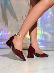 Pointed Toe French Style New Slip-On Mules, Glossy Burgundy Faux Leather High Heel Backless Sandals, Versatile Chunky Heel Party/Office Wear