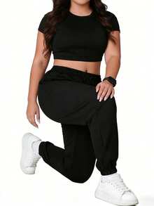 大码女式纯色运动裤，松紧腰带抽绳，拉链口袋，适合瑜伽、跑步、健身、秋季/春季 - 黑色 - 查看 3