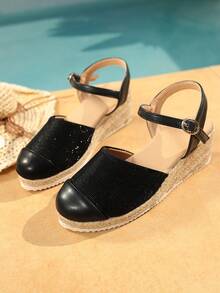 新款春夏海滩度假风优雅休闲手工编织绳底拼接鞋头舒适百搭坡跟户外必备经典系带凉鞋，女士 - 黑色 - 查看 7