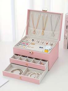 1 pieza Caja de joyería de cuero PU con múltiples capas en forma de rombo, caja de almacenamiento de joyas de gran capacidad y lujo, caja de joyas con cerradura, caja de joyas antioxidante, estante de exhibición de 2 niveles, caja de exhibición de joyas, caja de joyas de gran capacidad de 3 capas, caja de joyas de cuero PU multifuncional, caja de relojes con cerradura, caja de almacenamiento de joyas portátil - Multicolor - Ver 4