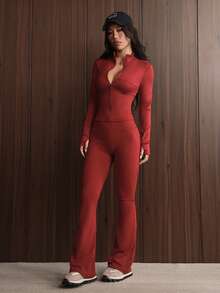 两件套街头风修身套装，包括带拇指孔的拉链外套和高腰喇叭裤（腰部可调节），塑形提神，提升女性自信的运动服套装。 - 酒紅色 - 查看 8