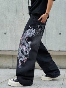 Hearty Haven 男士美式街头风刺绣阔腿牛仔裤，水洗休闲学院风宽松牛仔裤，四季皆宜，街头时尚（不含腰带或配饰） - 黑色 - 查看 2