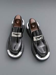 Men's Round Toe Thick Sole Derby Shoes, Fashion Loafers, Glossy Slip-On Casual Retro Dress Shoes For Men - Black - View 10