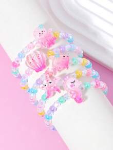 5件套可爱海洋主题章鱼、贝壳、鱼、海马、海星珍珠串珠手链腕带首饰套装，适合节日派对、学校活动、女孩生日礼物 - 彩色 - 查看 8