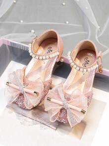1 Pair Fashionable & Elegant Girls Princess Bow Rhinestone Summer Sandals, Casual Versatile Flat Slip-On Beach Shoes, Suitable For Toddler, Little & Big Kids - Pink - View 1