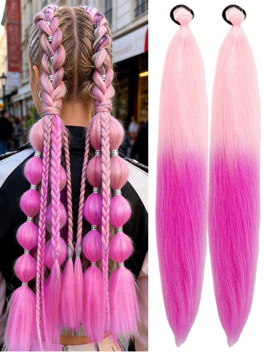 1-2 lọn tóc nối dài 26 inch màu hồng ombre tự làm để tết | Tóc giả thẳng, chịu nhiệt, bồng bềnh dành cho nữ | Thích hợp cho Halloween, Giáng sinh, các bữa tiệc ngày lễ