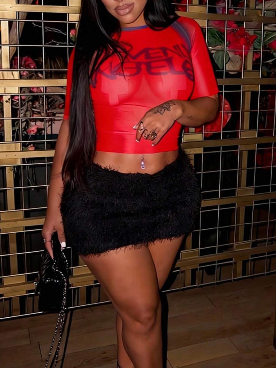 性感夏季女式上衣，印花网纱短袖T恤，适合情人节、夜店、性感派对穿着，透视休闲款 - 大紅色 - 查看 1