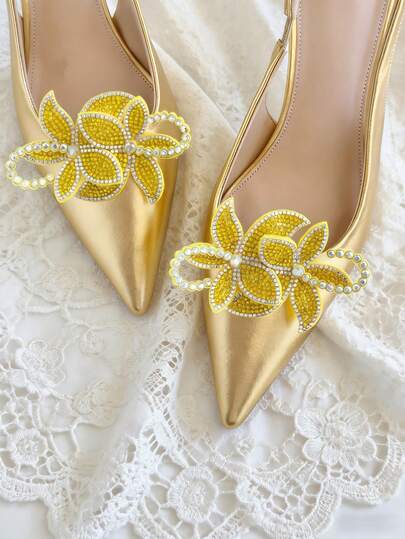 1 Pair Detachable 3D Flower Shoe Clips, Rhinestone & Colorful Crystal Gold Shoe Ornaments