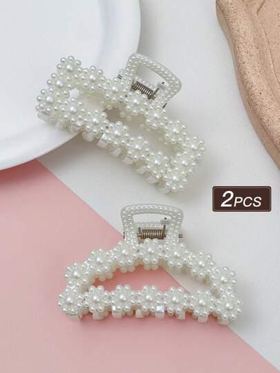 2pcs Faux Pearl Decor Hair Clips, Elegant Claw Clips, Hair Clips, Hair Pins, Hair Claws, Hair Clips, Student Supplies, College Supplies, Pearl Hair Accessories, Autumn/Winter Bow, Suitable For Holiday Outfits, Women