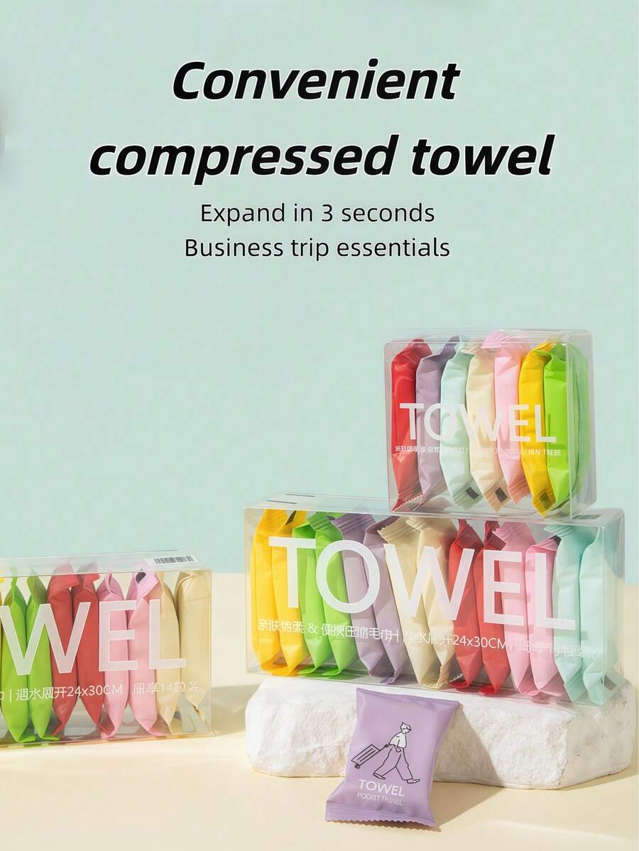 7/14 便携式压缩一次性毛巾，加厚面巾纸，适用于炎热潮湿环境，卫生易溶解，适合旅行、居家和户外使用，提供多种包装选择，方便携带。 - 彩色 - 查看 1