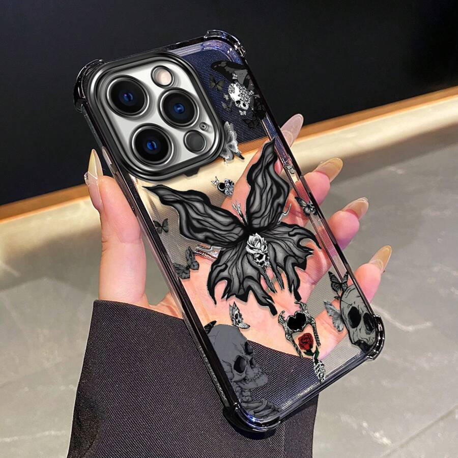 Funda de teléfono gruesa de cuatro esquinas compatible con 14 PRO PLUS, patrón de sueño de calavera y mariposa, marco de TPU electrochapado, funda de protección completa transparente con airbag, adecuada para chicas, protección de teléfono, funda a prueba de golpes, patrón de moda, diseño de mariposa, material duradero, impresión, accesorios de moda, usuario de moda - Colores mixtos - Ver 1
