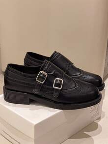 2026春季新款搭扣雕花布洛克乐福鞋软底平底学生鞋休闲英伦风女鞋 - 黑色 - 查看 4