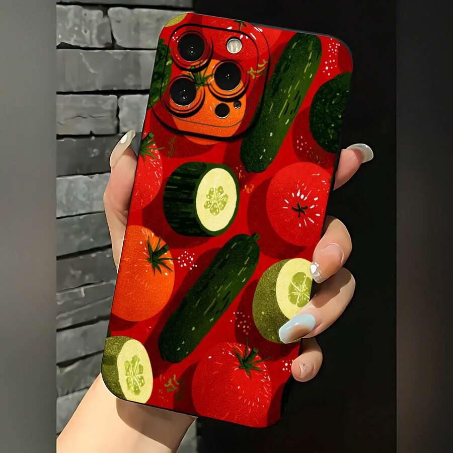 2026 Nueva Funda de Teléfono Escarchada, Funda de Teléfono con Patrón de Vegetales Tomate Pepino Fondo Rojo Adecuada para Varios Modelos de 17 y Modelos de , Funda Protectora de Teléfono, Funda de Teléfono para Parejas, Regalo para Novio o Novia, Regalo de Vacaciones - Negro - Ver 1