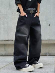 Hearty Haven 男士美式街头风刺绣阔腿牛仔裤，水洗休闲学院风宽松牛仔裤，四季皆宜，街头时尚（不含腰带或配饰） - 黑色 - 查看 9