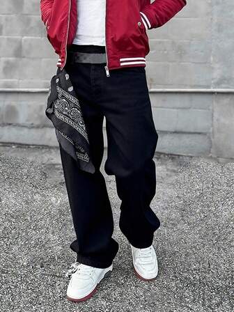 4 temporadas Jeans rectos de pierna suelta con lavado negro para hombres, estilo retro desgastado