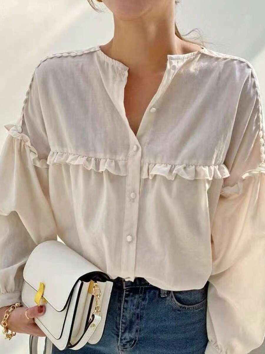 Plain Front Button Pleated Hem Long Sleeve Casual Shirt Spring