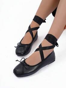2026 Spring/Autumn Women's Soft, Lightweight Criss-Cross Strap Apricot Flat Shoes With Round Toe Design And Satin Material, Suitable For Prom, Valentine's Day, Ballet - Black - View 6