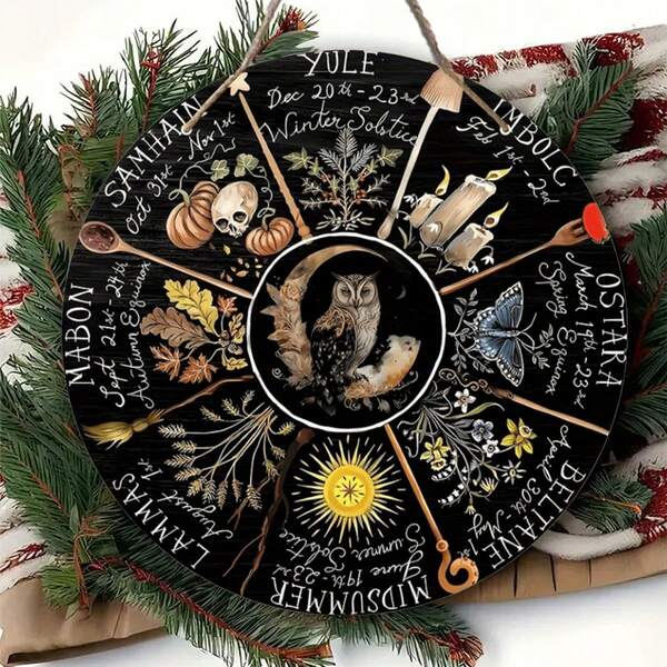 1 pieza Cartel de madera con rueda anual, calendario pagano, brujería, wicca, grimorio, sabbat, Navidad, fases de la luna, decoración de pared, decoración de habitación, decoración de sala de estar, decoración de pared de dormitorio, decoración de bar, decoración de cafetería, decoración de garaje, regalo ideal para él, ella, novio, novia, papá, mamá, familia, amigos