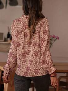 Fashionable Casual Long Sleeve Ruffle Plaid Shirt, Suitable For Home, Vacation, And Beach - Dusty Pink - View 3