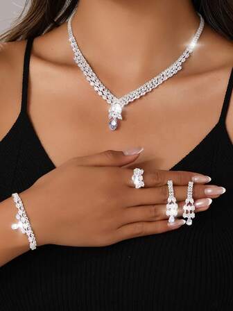 Juego de 4 piezas de joyería de lujo con cristales: collar, aretes, pulsera y anillo, accesorios de joyería para novia, boda y fiesta